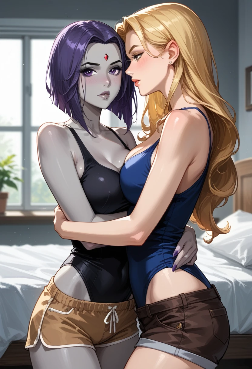 score_9, score_8_up, score_7_up, score_6_up, source_cartoon, adult women, (2women), duo, BREAK adult, (Raven, grey skin:1.5), BREAK adult, (Terra_Markov from Teen Titans, blonde, long flowing hair, brown shorts, black leotard:1.4), BREAK (bedroom, embracing, sexy tight pajama shorts and tank topss:1.3), BREAK shallow depth of field, highly detailed, bokeh, moody, epic, gorgeous, grainy, BREAK (ultra-detailed), (best illustration), (best shadow), (absurdres), BREAK (detailed background), (very aesthetic).