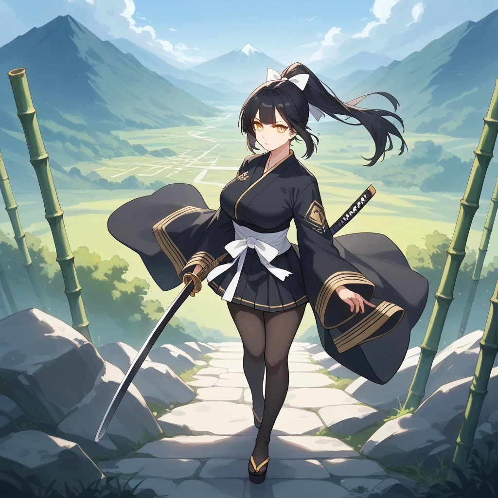 A woman wearing a traditional black kimono, with long sleeves, a short black skirt, black tights, holding a katana without a sheath, standing on a stone platform with bamboo in the background, overlooking the mountains, black hair, white bow on hair, ponytail hair, yellow eyes, big breasts, serious face, perfect face, perfect eyes, perfect lips, bright yellow eyes, perfect arms, (Azur_lane, IJN_Takao)
