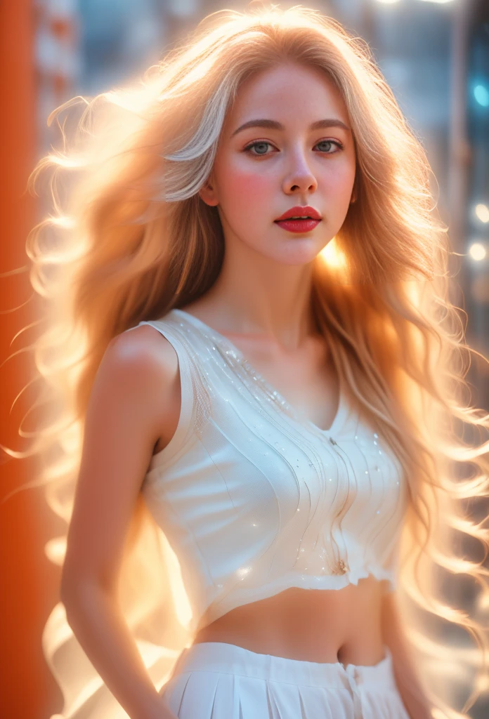 (Woman in a sleeveless shirt with white pleated decoration and a red pleated skirt), Surrealism, (Beautiful face_Delicate features, Clear and pale skin), (Girl of light_Body lines made of transparent luminous bodies), (Gem_Particles, Outline: 1.2), Light_Lines, Light, (Girl made of light lines: 1.3, Wearing light lines), Density of lines, (Dazzling white blonde hair_Messy thick wavy hair, Light lines), Dynamic pose capture in front of an orange wall with direct sunlight, (Best quality, 16K, High resolution, Masterpiece: 1.2), Highly detailed, (More realistic details: 1.37), HDR Ultra HD, Sharp focus, Physically based rendering, Highly detailed, Professional, Vivid colors