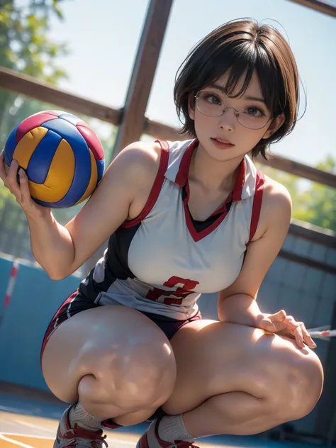 8k, raw photo best quality, masterpiece, realistic, realistic, (1 ultimate beauty), ((cosplayer wearing a sleeveless volleyball ...