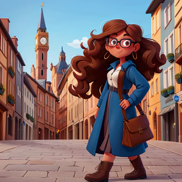 a confident woman with curly light brown hair, wearing dark-framed glasses, a blue coat, a skirt, and boots, walking through a c...