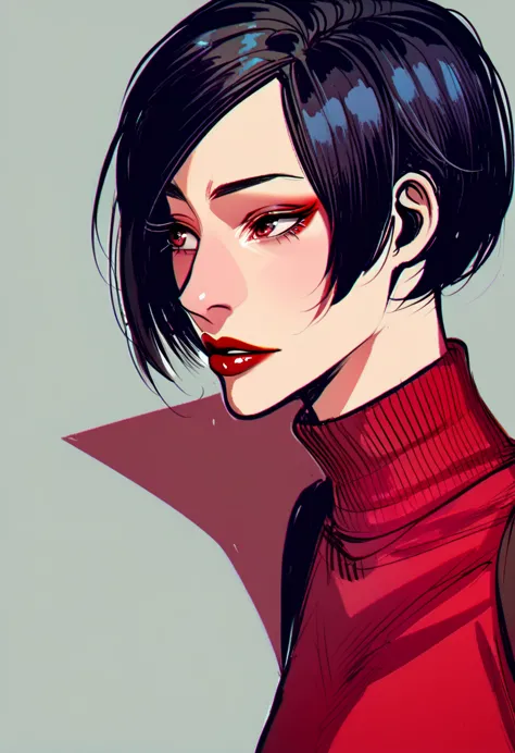 score_9, score_7_up, 1girl, solo, ada wong, red sweater, presenting, looking to the side, portrait