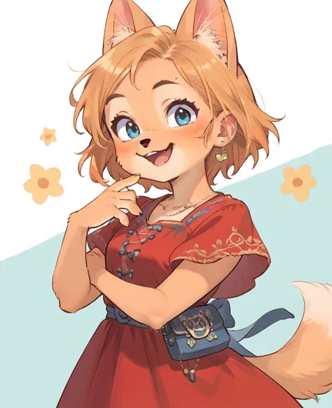 little fox, kid girlfox, with hair, blonde hair, short hair, ginger fur, blue eyes, cute kid, alone, face similar to diane foxin...