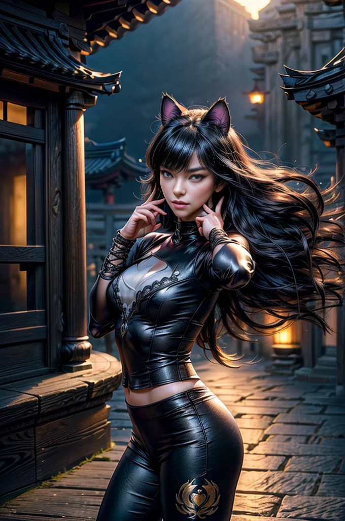 (masterpiece, best quality:1.2), cowboy shot, blake belladonna, cat ears, expressionless, closed mouth, japanese style clothes, yoga pants, kimono, long_hair, night, stars, standing in ancient ampitheatre, east_asian architecture, crowds, (masterpiece,stunning girlfriend, (standing:1.1), dynamic pose, heart shaped face, elegant face, beautiful face, highly detailed face, highly detailed skin, skin pores, subsurface scattering, realistic pupils, looking at viewer, full lips, detailed background, depth of field, atmospheric perspective, volumetric lighting, sharp focus, absurdres, realistic proportions, good anatomy, (realistic, hyperrealistic:1.4), 16k hdr,  