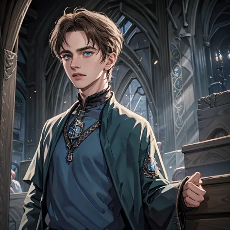 1boy, solo, detailed brown hair, cinematic lighting, high-resolution, lean build, detailed blue beautiful eyes, ravenclaw unifor...