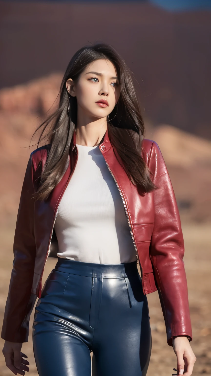 (((Carefully realistic depictions of limbs based on perfect anatomy))),Best Quality,Realistic,Front view,Christina TX in the vast valley of the Grand Canyon,((A blue-eyed female supermodel with a coke bottle body, slim waist and big hips)), (The body-conscious wine red leather jacket and leather trousers look great on her.:1.3),(((From a distance, he walks towards me with his chin tucked in and his eyes looking up.,Enemy Aura))),8K full-body shot from the front with a bird&#39;s-eye view,Deep depth of field for beautifully blurred background,Necklace and earrings,(Chestnut Hair), (Updo) (Bun Hair:1.1), Perfect Eyes, Sharp details, Detailed face, (Deep Focus), (Hard Lighting), (at night), (Realistic lighting:1.0),Close the front of the jacket,