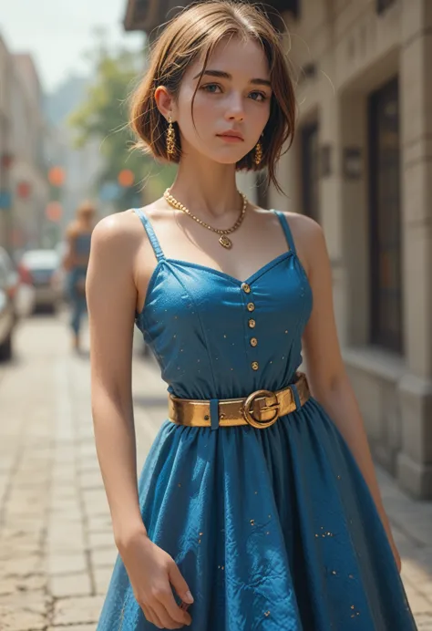 alafecan in a blue dress with a gold belt and necklace, character 3d rendering 8k, trending on cgstation, art station&#39;s chen...