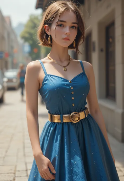 alafecan in a blue dress with a gold belt and necklace, character 3d rendering 8k, trending on cgstation, art station&#39;s chen...