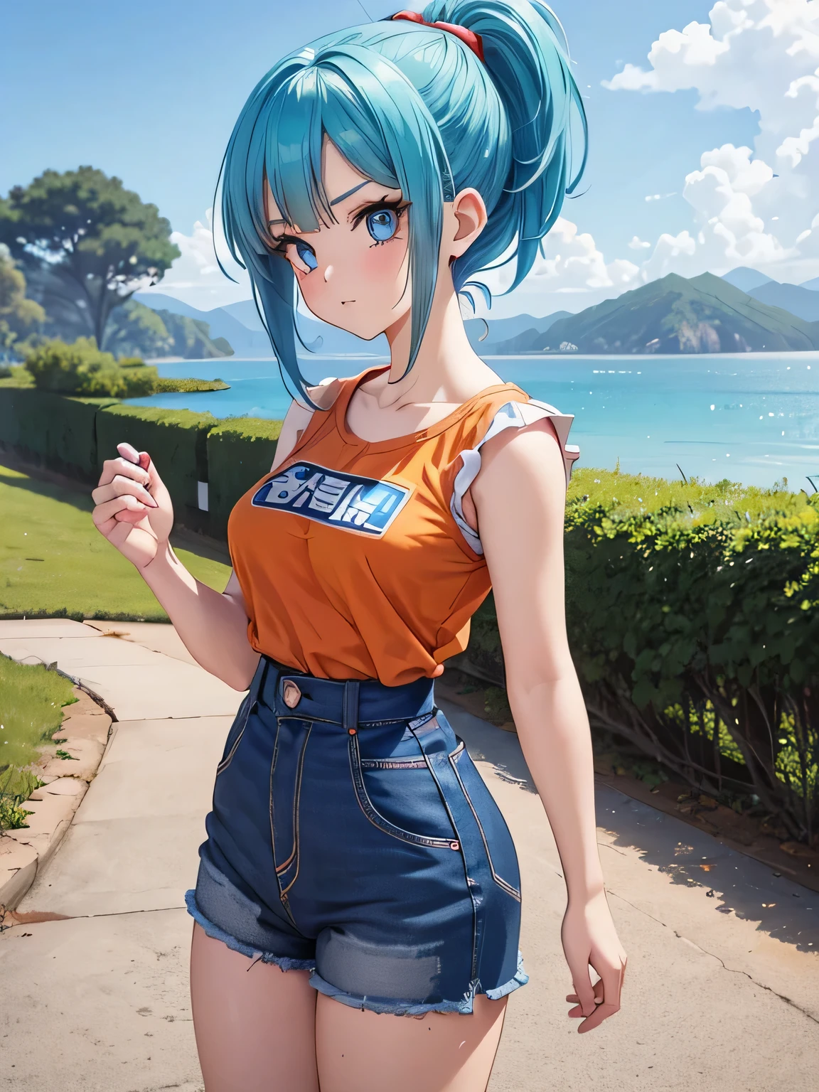 all realistic anime intrcate details: 1 girl view, bulma (Dragon Ball):
Characteristics: by the blue, big and expressive eyes.
Specialty: Engineer and scientist.
outfit: He usually wears casual and comfortable clothes.