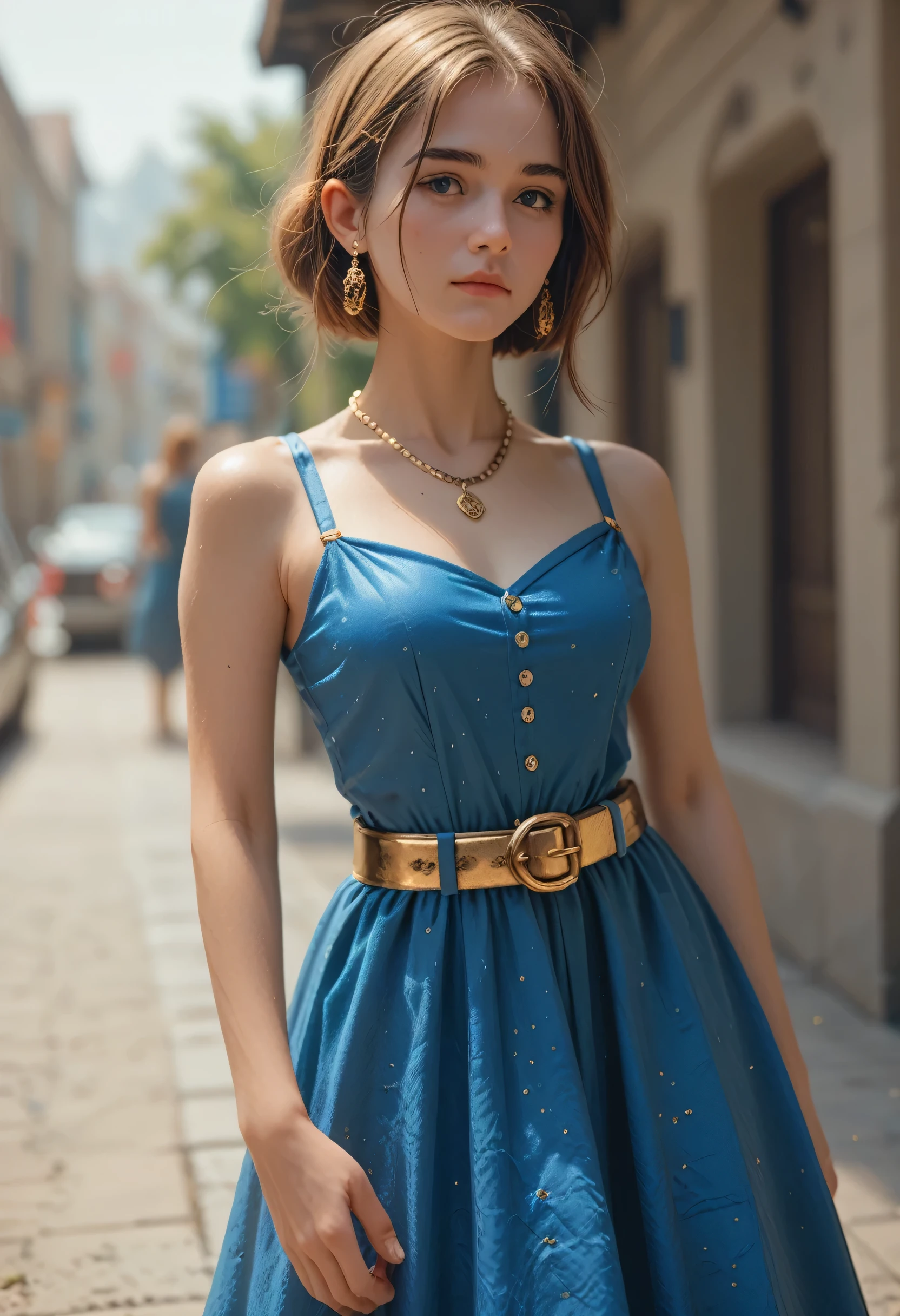 Alafecan in a blue dress with a gold belt and necklace, Character 3D rendering 8k, Trending on cgstation, Art Station&#39;s Cheng Wei Pun, Inspired by Run In, 8k art germany bokeh, High quality and detailed 8K graphics, deviantart artstation cgscosiety, cgsociety 8k, cgsociety 8k