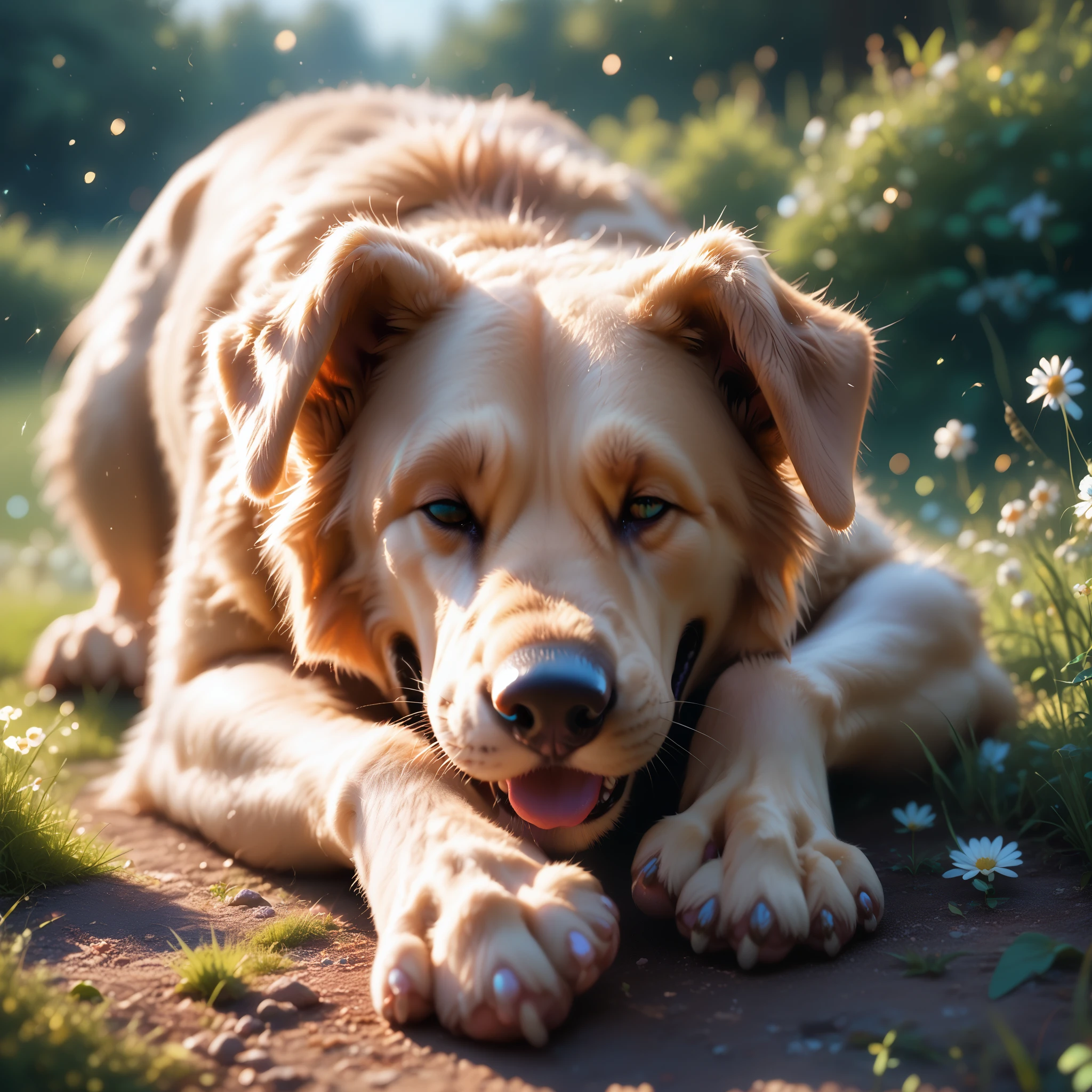 Wide shot of a man lying on the ground, eyes closed as if in peaceful sleep. His loyal dog, a medium-sized golden retriever with soft fur, rests beside him, looking calm and serene. The surroundings are grassy and quiet, symbolizing the end of a peaceful life. Neither the man nor the dog look at the camera.