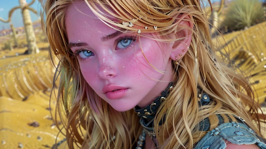 (Ultra-detailed eyes), (((textile shading))), (((Best Quality))), (((masutepiece))), (((Ultra-detailed CG))), sassy girl, punk princess girl, human corrupted, (((magical little girl))), (Petite), (tiny chest), blonde hair, blonde hair, blonde hair, ((fluffy hair, gorgeous hair)), Pink eyes, (((desert warrior style, desert warrior outfit, desert warrior costume, in desert kingdom, strong desert battle atmosphere, cowboy shot, midshot, centered image, eye on camera, front look, closer, closed clothing, lightning on face