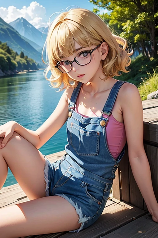 of the highest quality，masterpiece，of the highest quality，(pop art style),flat color，fun, honor student, 10 years，glasses，short length，curly hair, blonde hair, romantic, blunt bangs，thick eyebrows，Girl in shorts and denim overalls、Tank top, Lying with a cute round-eyed cat. Chance，barefoot, Sitting and moving her legs on a mountain and a river below.....， distant mountains.sharp,An illustration：Don&#39;FINGERPRINT,