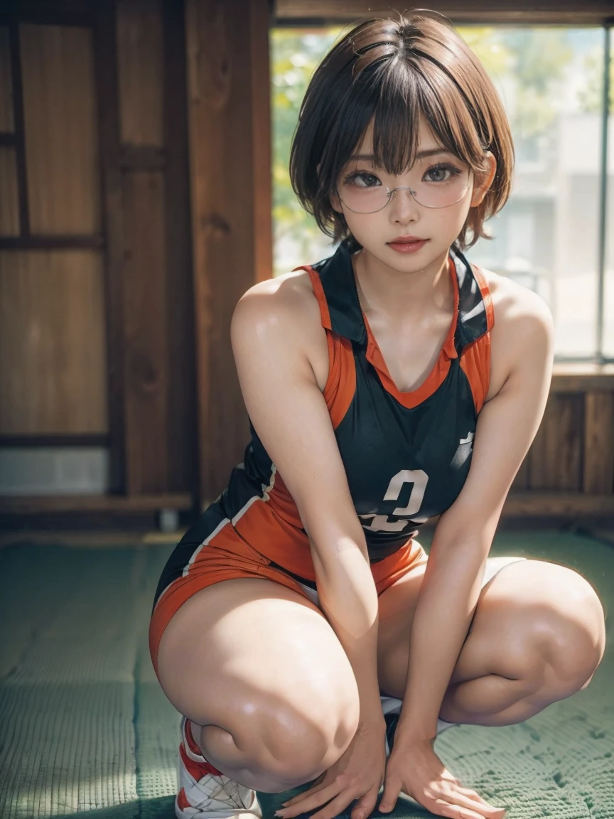 8k, RAW Photo Best Quality, masterpiece, Realistic, Realistic, (1 Ultimate Beauty), ((Cosplayer wearing a sleeveless volleyball uniform)),((Very large breasts))(Please make sure there is only one person in the photo)、(On the volleyball court)(Wear rimless glasses)((Imagine a squatting position..))((Legs wide open))Highly detailed face, (Perfect Teeth), fine grain, Double eyelids, eyelash, Lip details, (((Bob Hair Black), (((Very large breasts)))Big Breasts,(((Big Breastsを強調する)))(((Accentuate the crotch)))((Sexy pose))Cowboy Shot,  Soft Light, ((Detailed border)) 
Proceed with caution，((,Japanese women)), (((Medium, Small waist))), (((Realistic))(((Front View)))