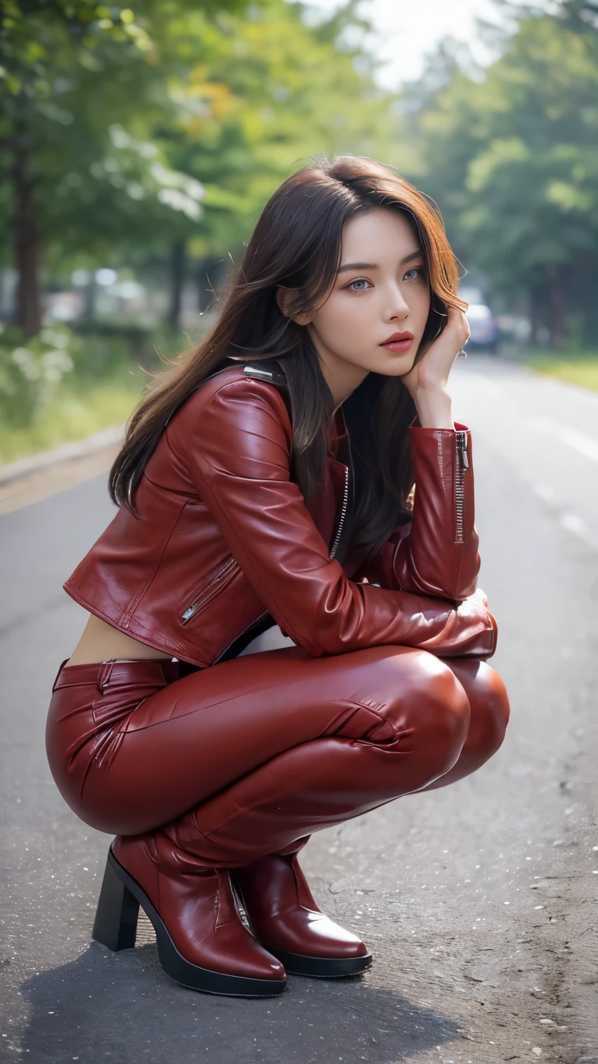 (((Carefully realistic depictions of limbs based on perfect anatomy))),Best Quality,Realistic,Front view,Christina TX in the vast valley of the Grand Canyon,((A blue-eyed female supermodel with a coke bottle body, slim waist and big hips)), (The body-conscious wine red leather jacket and leather trousers look great on her.:1.3),(((Crouching with knees together, tilting head and looking over shoulder))),8K full-body shot from a bird&#39;s-eye view angle from behind,Deep depth of field for beautifully blurred background,Necklace and earrings,(Chestnut Hair), (Updo) (Bun Hair:1.1), Perfect Eyes, Sharp details, Detailed face, (Deep Focus), (Hard Lighting), (at night), (Realistic lighting:1.0),Close the front of the jacket,