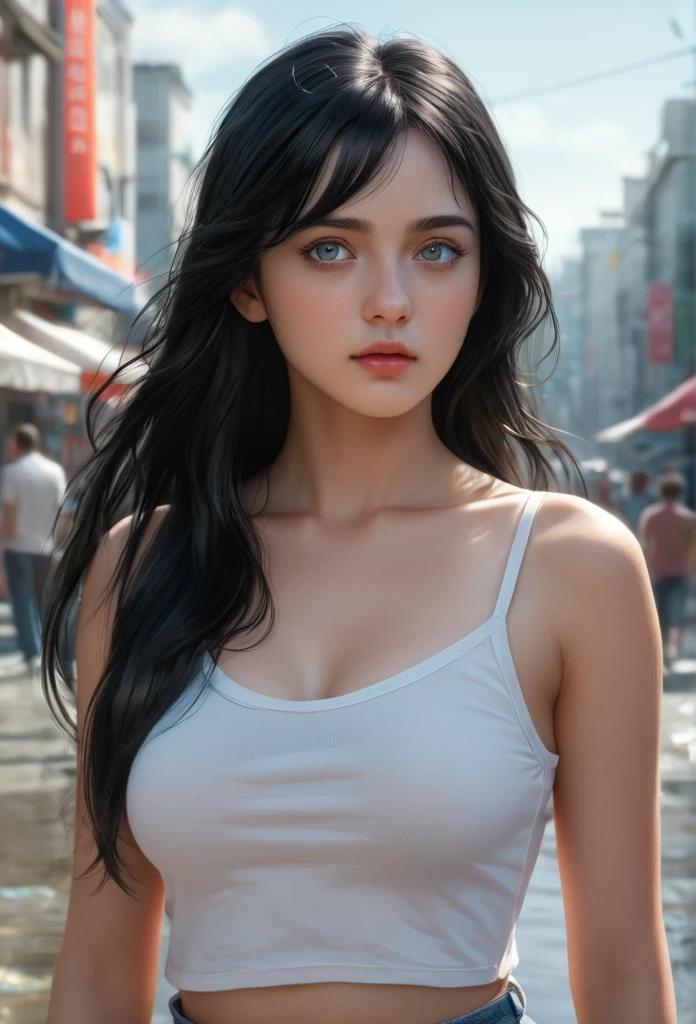 (masterpiece), (Best quality), (Best illustration), (Photorealistic Painting), (Official Art, Very detailed CG Unity 8k Wallpaper), (Very detailed), ((It's absurd)), medium shot, one girl, Put your hands in your pockets, stare at someone else, long black hair, heterochromia, 8K resolution, Very detailed, anatomically correct, digital painting, concept art, Clear resolution, SFW,