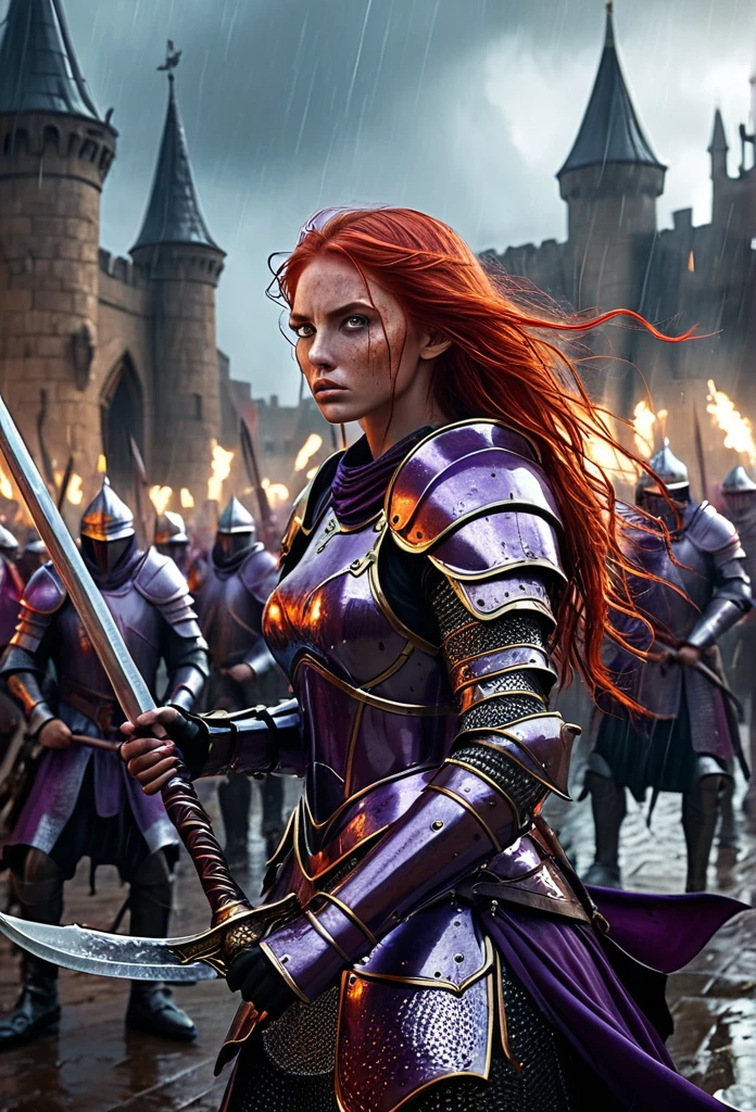 red hair, purple armor, light bearer warriors, medieval city, dark, battle, epic, war, surrealism, 8k, super detail, war, battle against demons, darkness, horror, rain