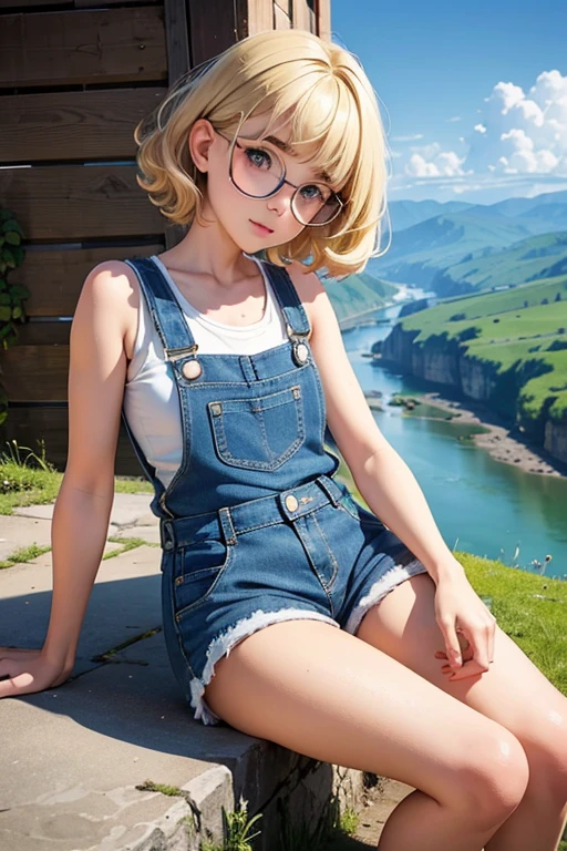 of the highest quality，masterpiece，of the highest quality，(pop art style),flat color，fun, honor student, 10 years，round glasses，short length，curly hair, blonde hair, romantic, blunt bangs，thick eyebrows，Girl in shorts and denim overalls、Tank top, Lying with a cute round-eyed cat. Chance，barefoot, Sitting and moving her legs on a mountain and a river below.....， distant mountains.sharp,An illustration：Don&#39;FINGERPRINT,