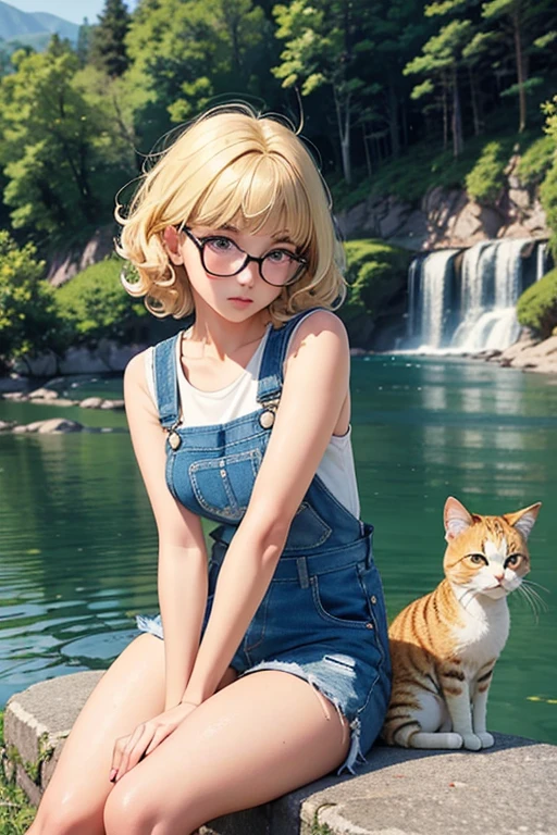 of the highest quality，masterpiece，of the highest quality，(pop art style),flat color，fun, honor student, 10 years，round glasses，short length，curly hair, blonde hair, romantic, blunt bangs，thick eyebrows，Girl in shorts and denim overalls、Tank top, Lying with a cute round-eyed cat. Chance，barefoot, Sitting and moving her legs on a mountain and a river below.....， distant mountains.sharp,An illustration：Don&#39;FINGERPRINT,