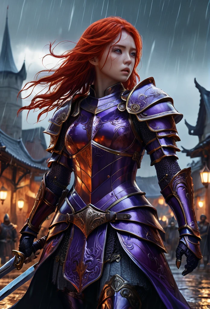 Red hair, Purple Armor, Lightbearer Warrior, medieval town, dark, battle, epic, War, surrealism, 8k, Super detail, War, 악마와의 battle, darkness, horror, rain