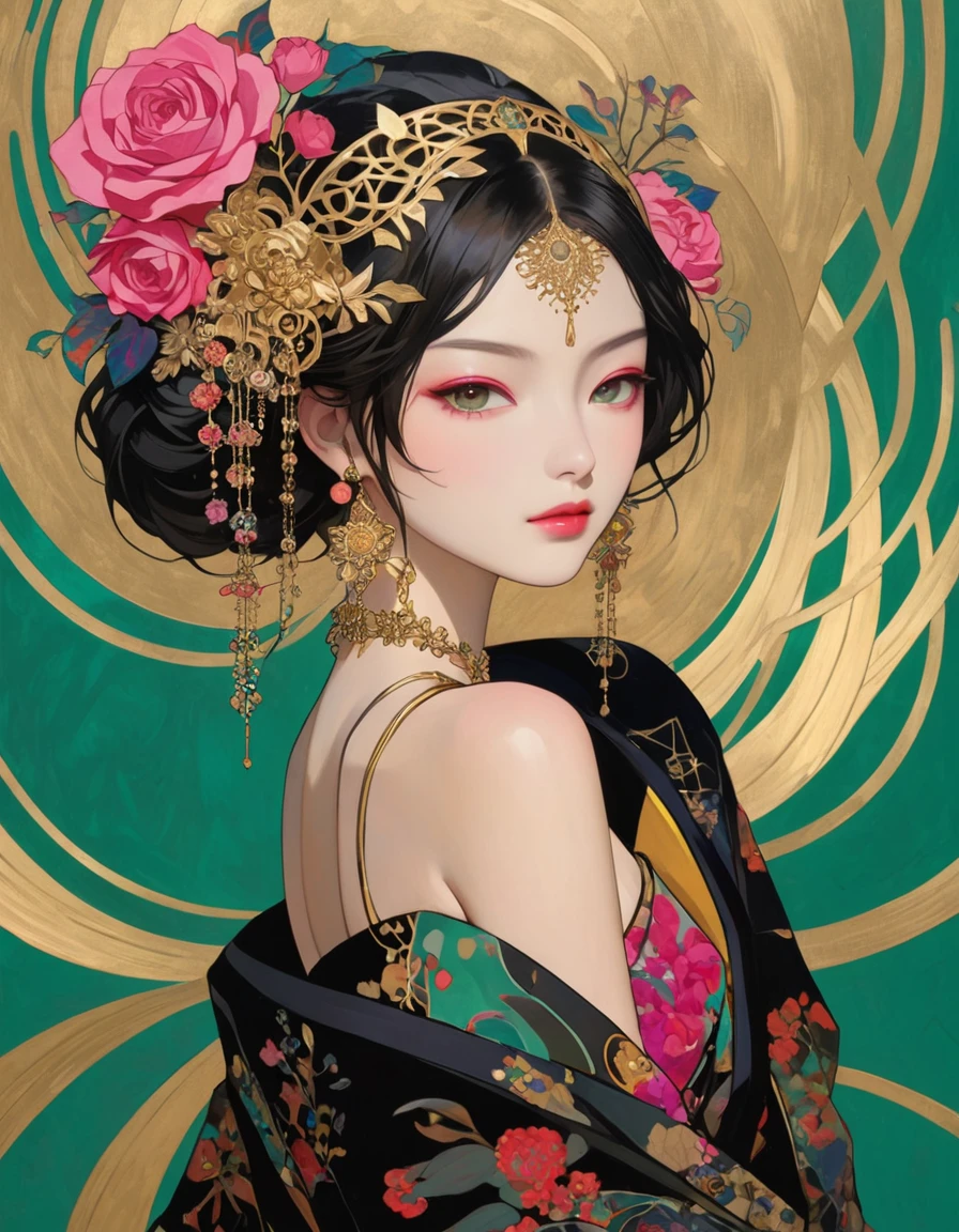 Arms behind back, masterpiece, best quality, dynamic, cinematic, mystical, beautuful japanese girl, beautiful detailed eyes, beautiful detailed lips, extremely detailed eyes and face, long eyelashes, teacherly pose, advanced modern expressionism, rich textures, amalgamation of modern and classical influences, diverse materials, high contrast, pink rose, vivid colors, gold liquid splatter, emerald green background, breathtaking color palette, flowing elegance, sharp geometric symbolism, Leyendecker, Jackson Pollock splatter dynamics, Gustav Klimt ornamental gold, chiaroscuro, kaleidoscopic, multidimensional, ethereal glow, captivating uniqueness, surreal juxtapositions, visual symphony, unforgettable visual narrative, edgy, mathematical, simple-shaped vectors, highly modern, stylistic, polygonal abstraction, vector art, bold lines, minimalist color scheme, digital art, abstract geometry