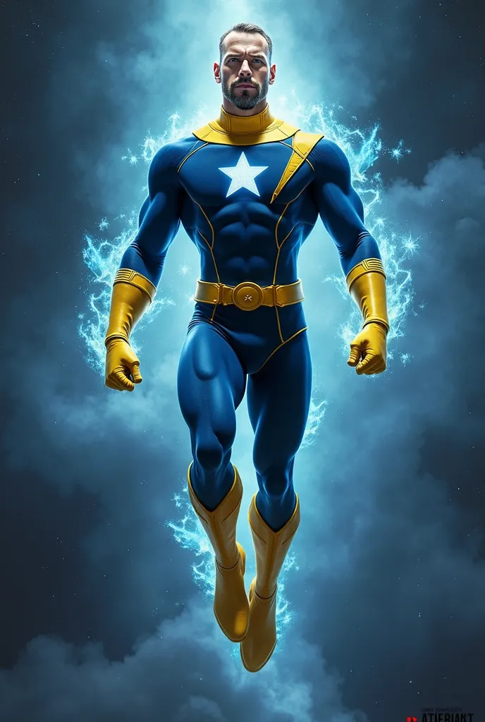 Man in dark blue clothes with long yellow gloves and boots, eight-pointed star on the left chest, small light blue details, he has energy coming out of his hands and is flying through outer space