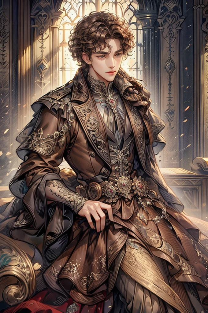 ((Best quality)), ((masterpiece)), (detailed), ((perfect face)), ((halfbody)) "Captivate the View: A Handsome Prince Reflecting on Life's Transitions from His Comfortable Window Perch of the cathedral", (((dark brown curly hair)))