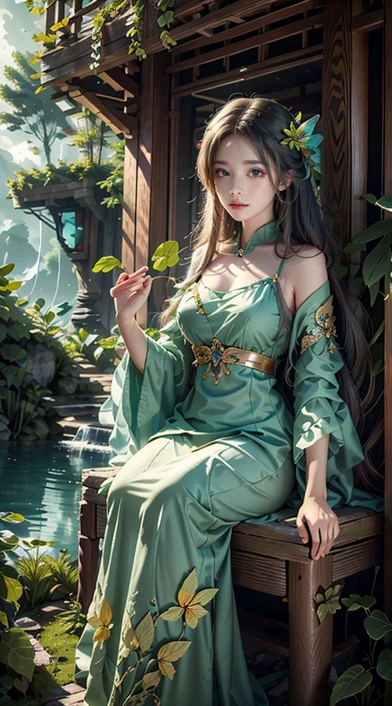 1 20-year-old girl, fairy princess, green clothes, nature clothes, nature panorama, sweet, beauty gril, twin sister. (Nature elemen), ( nature particel), (butterfly ele,