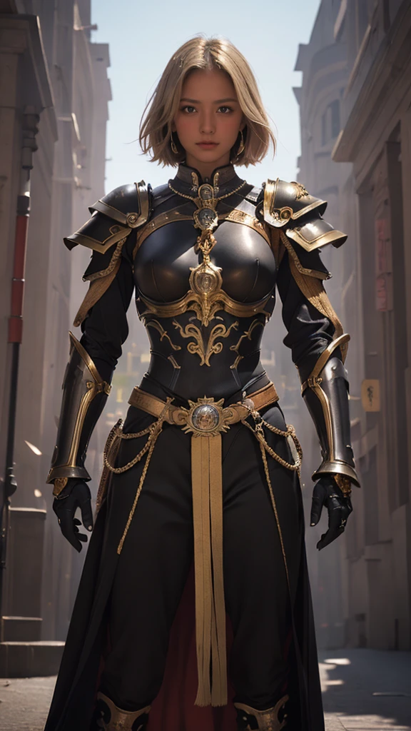 High resolution, 超High resolution, high quality, masterpiece, woman、Warrior Chief、Short blonde hair parted in the center、Muscular body、Large Breasts,Anatomically correct, ((blackと赤のマント))、((((black))D-based armor with gold attachments))、(In the background, he stands in front of a medieval palace.)、Background blur, far and near method, 