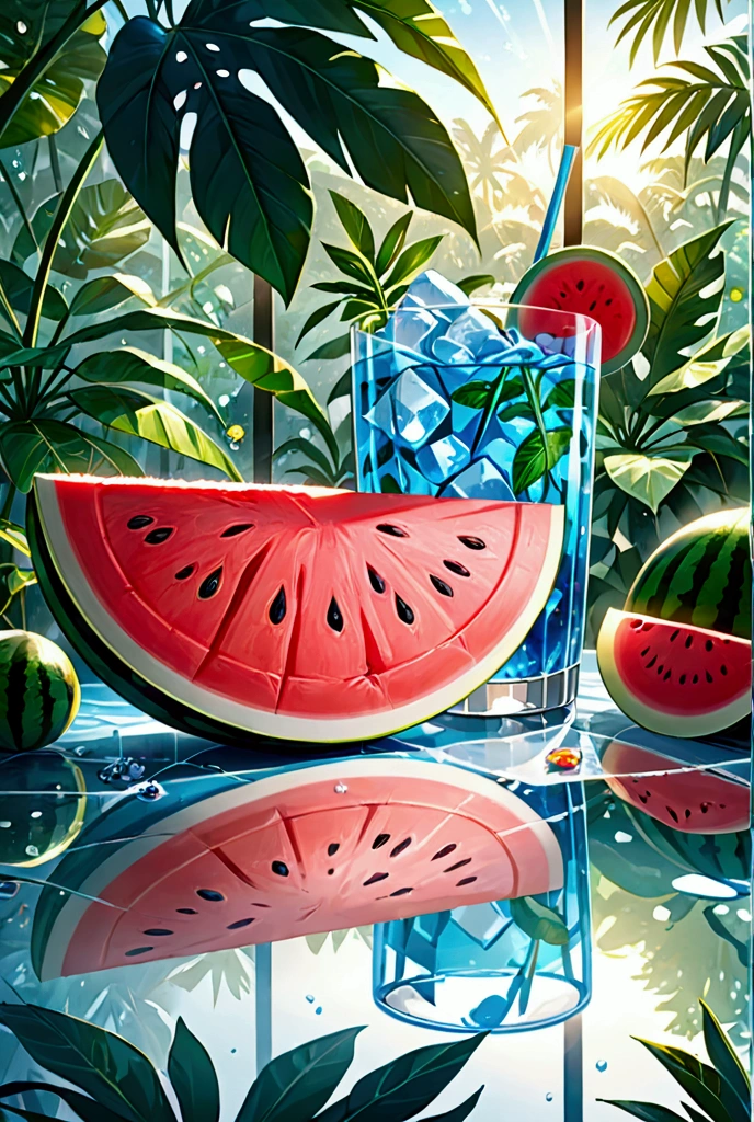 Wallpapers, poster, Drinks, Ice Cubes, Watermelon, Tropical Plants, Hot Weather, HD Detail, Moist Watermark, Ultra Detail, Movie, Hyper Realism, Soft Light, Deep Focus Bokeh, Ray Tracing, Diffuse (Ultrafine Glass Reflection) and surrealism --niji 5