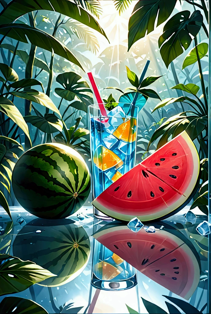 Wallpapers, poster, Drinks, Ice Cubes, Watermelon, Tropical Plants, Hot Weather, HD Detail, Moist Watermark, Ultra Detail, Movie, Hyper Realism, Soft Light, Deep Focus Bokeh, Ray Tracing, Diffuse (Ultrafine Glass Reflection) and surrealism --niji 5