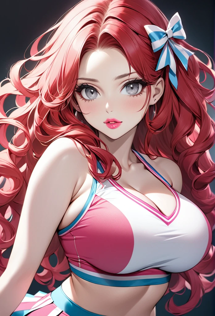 Woman, with very long curly red hair, with gray eyes, she is wearing a pink and white cheerleader outfit, wears hair decoration, has big boobs, she has pretty pink lips, with pale skin, jewelry 