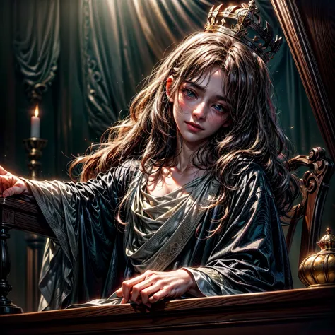 a young beautiful prince wearing a crown sitting in his renaissance desk and potions all around, high resolution, masterpiece, n...