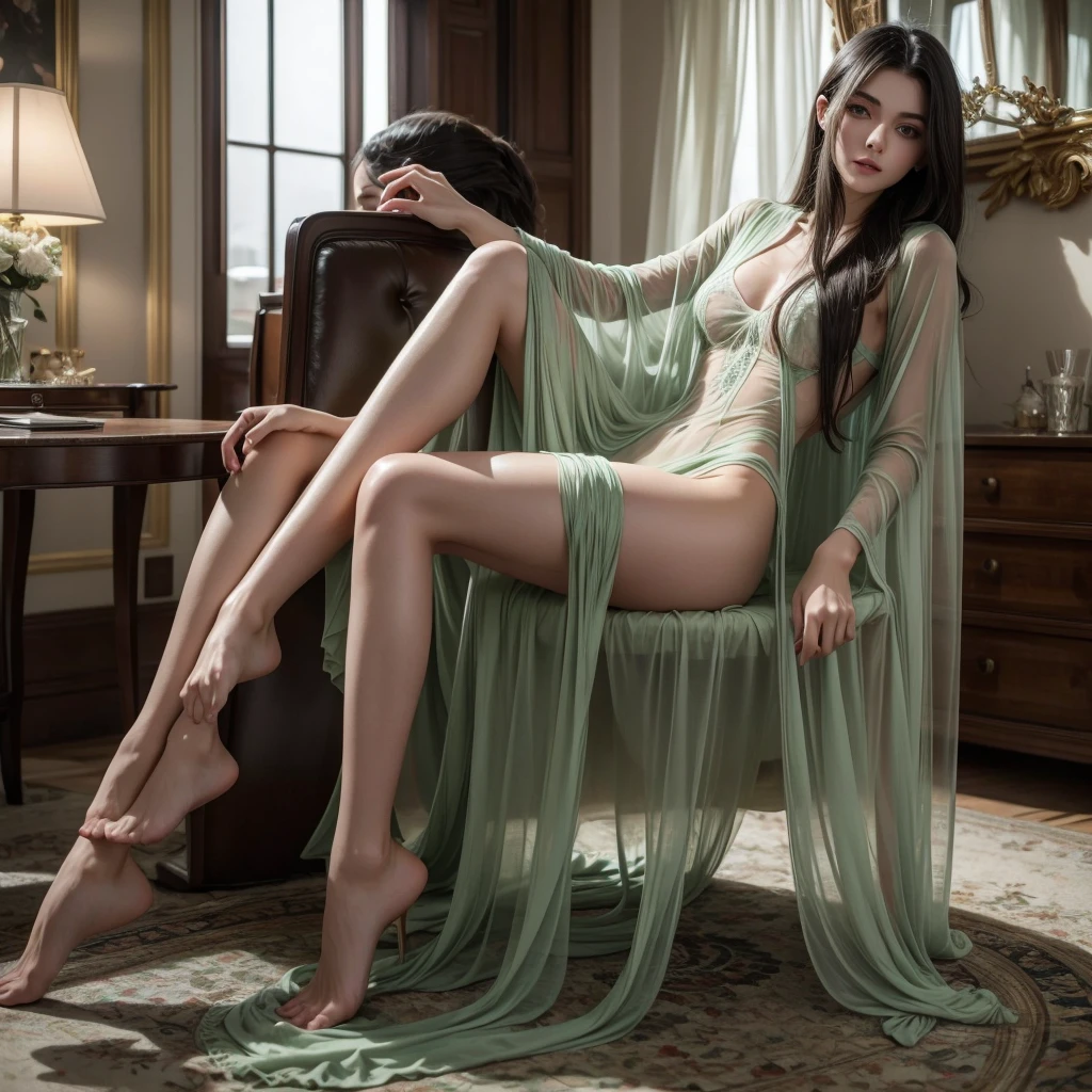 beautiful slim girl white skin green eyes long black hair wearing transparent clothes standing in a very luxurious house in the day