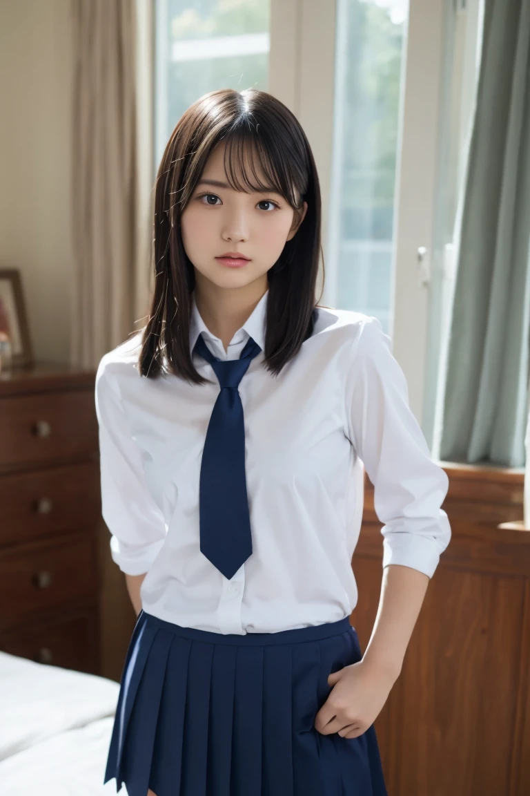 Best Quality,Ultra-high resolution,High school girl,1 person,whole body,Black Hair, Cool look,Looking into the camera,Beautiful Skin,Winter high school uniform, tie,Small breasts,Navy Skirt,My Room,Standing pose