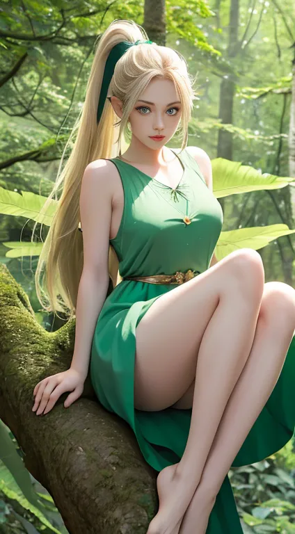 a fairy with long silky blond hair in a ponytail, pointed ears, green eyes, thin lips, round face, short sleeveless green dress,...