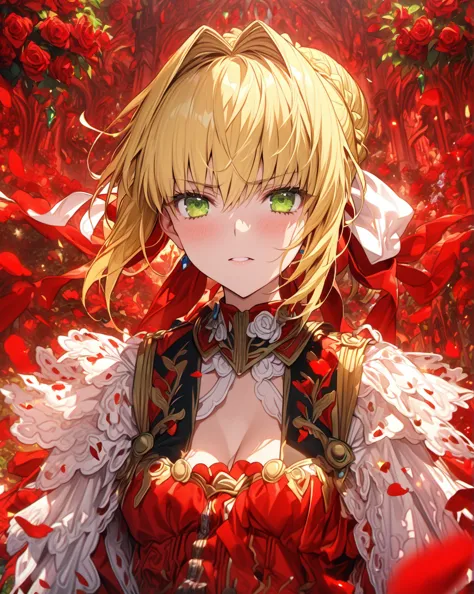 absurdres, highres, ultra detailed, hdr, master piece, nero claudius, blonde hair tied in a bun, expressive green eyes, saber, r...