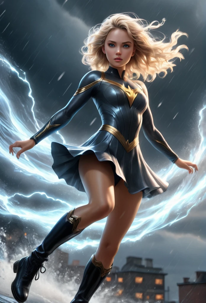 A girl in a gray sweater and black leotard, spinning and twirling, with blonde hair, superhero boots, in the midst of a swirling storm, alone with wind effects, legs exposed, spinning into a powerful storm, fast spinning motion, standing, time traveling, high legs, perfect hands and fingers, high-leg leotard, power-up, storm swirls, (best quality,4k,8k,highres,masterpiece:1.2),ultra-detailed,(realistic,photorealistic,photo-realistic:1.37),detailed eyes,detailed lips,extremely detailed eyes and face,long eyelashes,concept art,cinematic lighting,dramatic lighting,vibrant colors