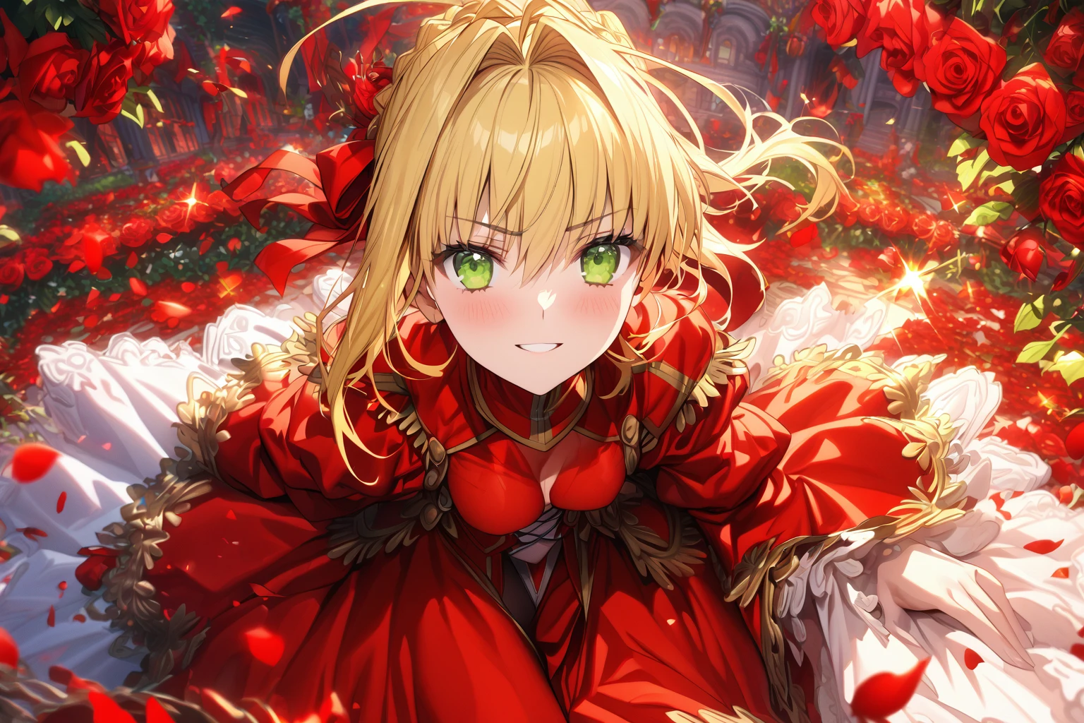 absurdres, highres, ultra detailed, HDR, master piece, Nero Claudius, blonde hair tied in a bun, expressive green eyes, Saber, red dress, sexy woman, best quality, Fate Grand Order, garden, solo, fantasy, magical, sensual, glittering, accessories, red ribbon, red magic, red petals, red roses, happy