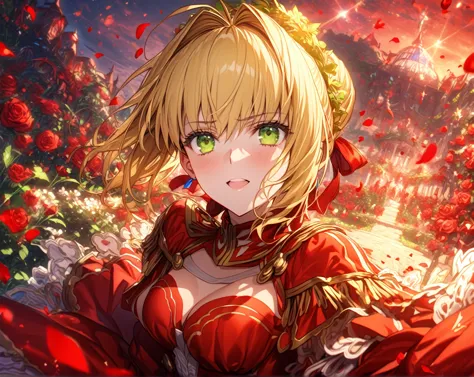 absurdres, highres, ultra detailed, hdr, master piece, nero claudius, blonde hair tied in a bun, expressive green eyes, saber, r...