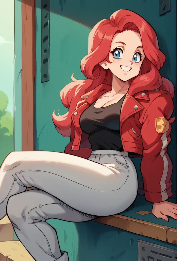 1 , Alone, long hair, red hair,high resolution, masterpiece, Anatomically correct, Necessary, high details, blue eyes,tight blouse , Black tank top,Red jacket, , white pants,thick thighs ,Smiling,