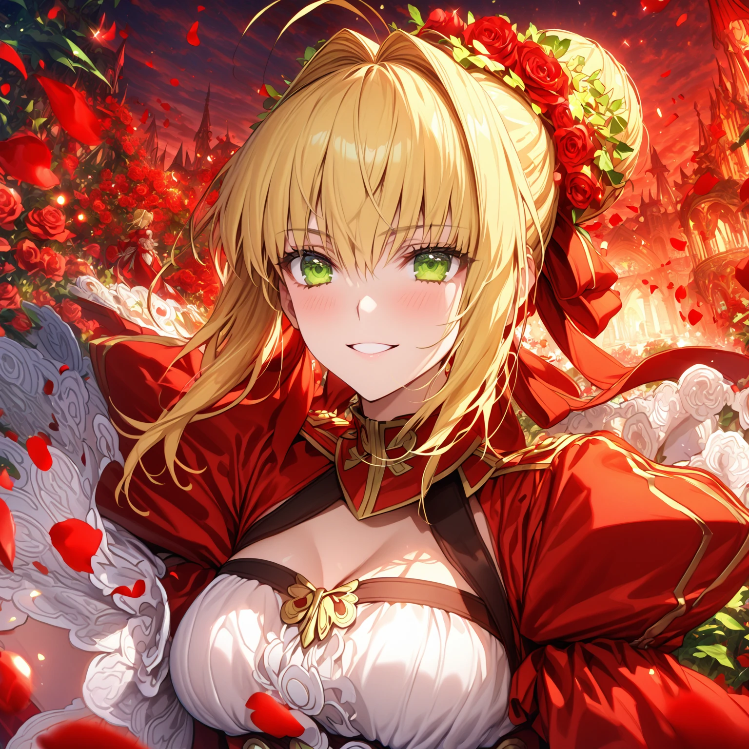 absurdres, highres, ultra detailed, HDR, master piece, Nero Claudius, blonde hair tied in a bun, expressive green eyes, Saber, red dress, sexy woman, best quality, Fate Grand Order, garden, solo, fantasy, magical, sensual, glittering, accessories, red ribbon, red magic, red petals, red roses, smiling, sky