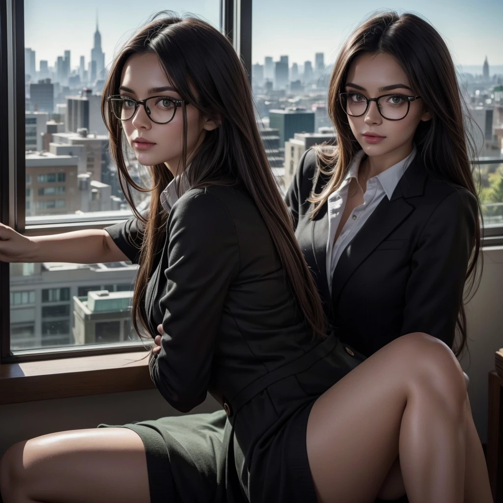 Black long hair secretary girl dressed as a secretary with green eye glasses in her office with a window overlooking the city