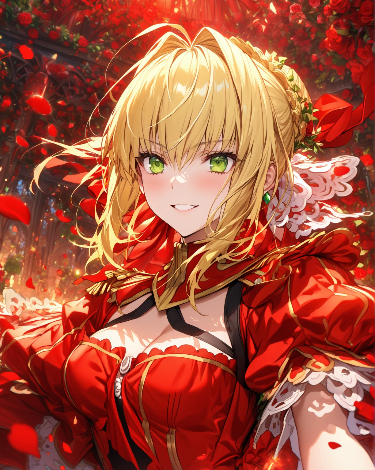 absurdres, highres, ultra detailed, HDR, master piece, Nero Claudius, blonde hair tied in a bun, expressive green eyes, Saber, red dress, sexy woman, best quality, Fate Grand Order, garden, solo, fantasy, magical, sensual, glittering, accessories, red ribbon, red magic, red petals, red roses, sky, smiling 