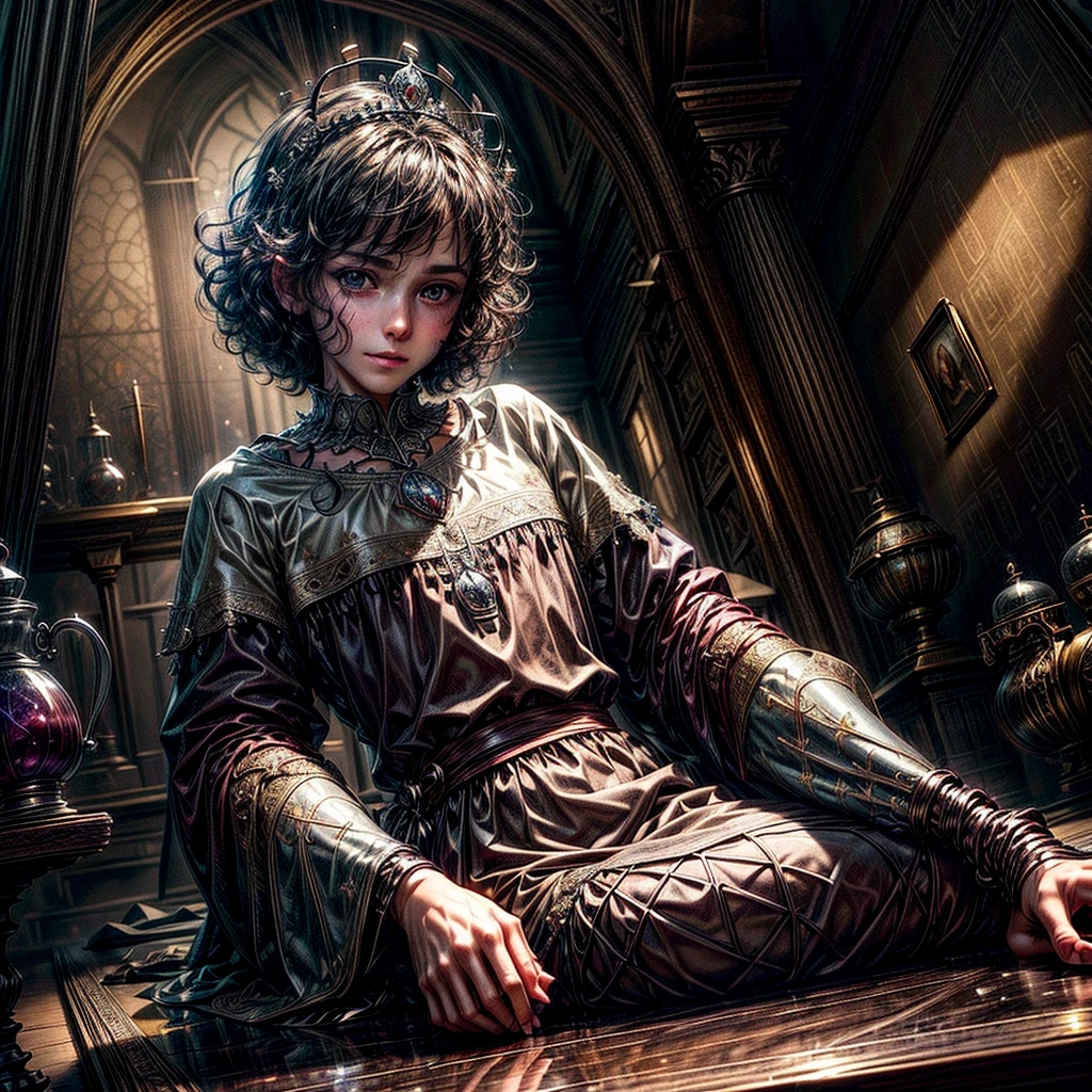 A young beautiful prince wearing a crown sitting in his renaissance desk and potions all around, High resolution, masterpiece, necessary, Anatomically correct, Awarded many times, The best quality, Damaged, HD model, High details, quality, high quality, Retina, very detailed, UHD, textured leather, 1boy, ((young male))), (((half-body))), beautiful face, perfect face, angel face, {{dark brown curly hair, short hair}}, blush, sad smile, thoughtful, Dutch map, Realism 1.5, 2.5 days, gothic art, digital art, Animated style, Excited, Rays of God, Ray tracing, (((crown))), (((glass magic potions in aleatory clorors)))