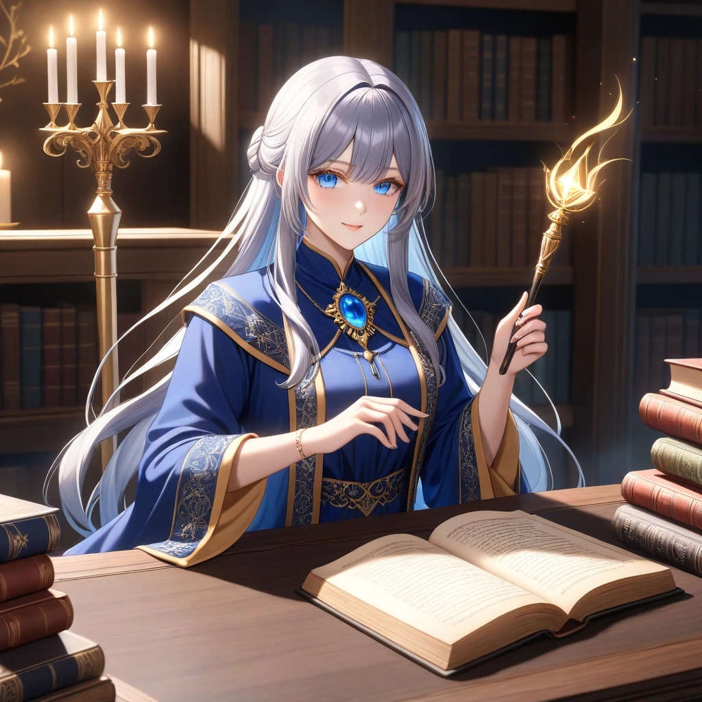 Character Name: Aria Age/gender: Woman Background: Born into a family of wizards、Noble family appearance: Long silver hair、Blue Eyes、Thin face and high cheekbones: Antique Wizard Robe、Silver embroidery、Blue gemstone decoration accessories: Magic wand、Gemstone Brooch Posture: Sitting、Holding a cane: Impression of casting a magic spell: Elegant and mysterious background: Library of Magic、Old books and candlelight(best quality,4K,8k,highres,masterpiece:1.2),ultra-detailed,(realistic,photorealistic,photo-realistic:1.37),extremely detailed illustration, beautiful detailed eyes, extremely detailed face, very detailed lighting, painting, very beautiful 8K CG wallpaper, anime, 1 girl, Alone, beautiful