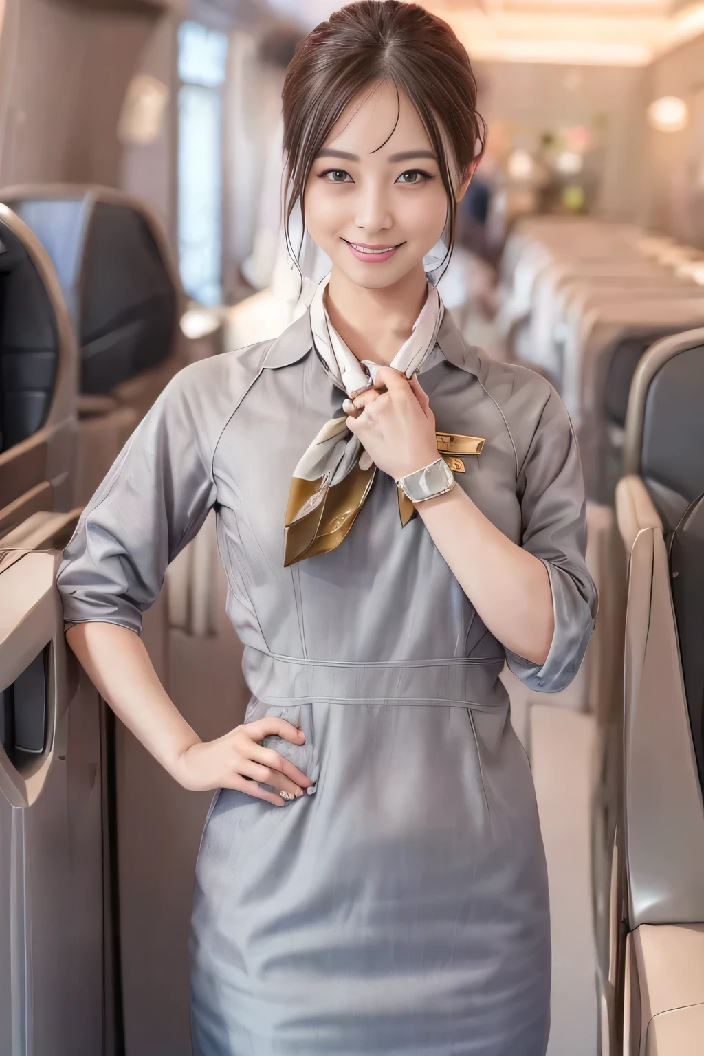 (masterpiece:1.2、Best Quality:1.2)、32kHDR、High resolution、(alone、1 girl、Slim figure)、（Starlux Airlines Cabincrew Uniform）、 (At the airport counter, Professional Lighting)、A proper woman, Beautiful Face,、（Starlux Airlines Cabincrew Uniform Short Sleeve）、（Starlux Airlines Cabincrew Uniform）、（Scarf on chest）、Big Breasts、（Long Hair、Hair Bun）、Dark Brown Hair、Long Shot、Place your hands underneath your head.、（（Great hands：2.0））、（（Harmonious body proportions：1.5））、（（Normal limbs：2.0））、（（Normal finger：2.0））、（（Delicate eyes：2.0））、（（Normal eyes：2.0））)、Beautiful standing posture、smile