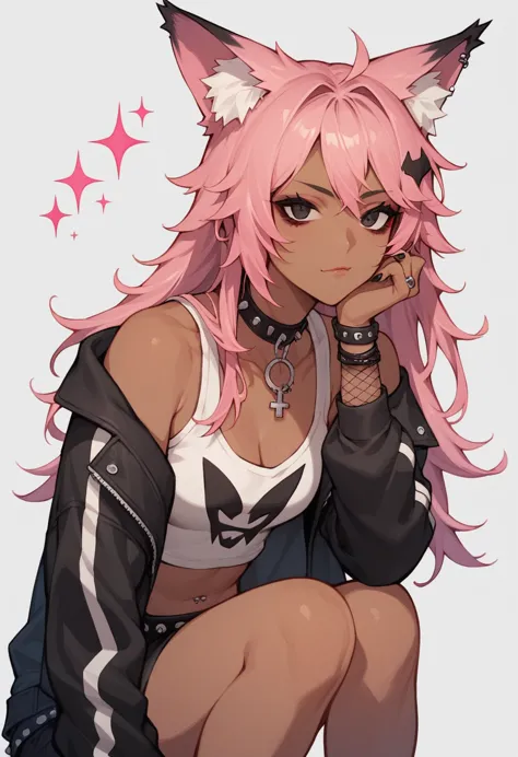 a fox girl, dark skinned, with white and pink hair and black eyes with sparkles, wearing emo clothes.