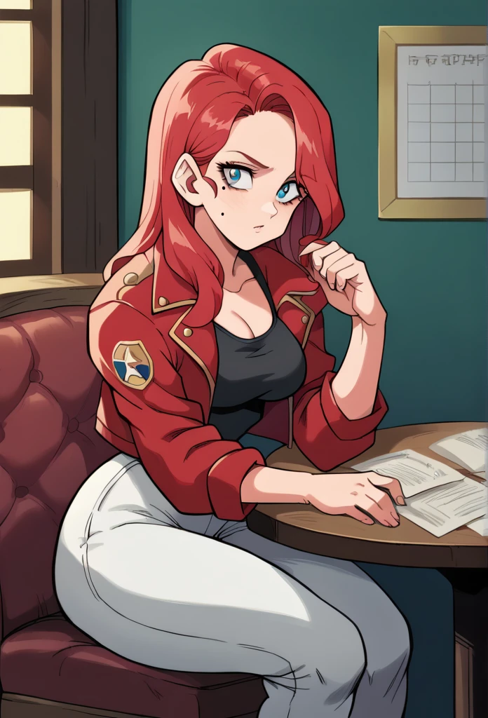 1 , Alone, long hair, red hair,high resolution, masterpiece, Anatomically correct, Necessary, high details, blue eyes,tight blouse , Black tank top,Closed jacket,Sitting at a table, with her hand on her face,Red jacket, , white pants,thick thighs ,Black mole on face (right side)