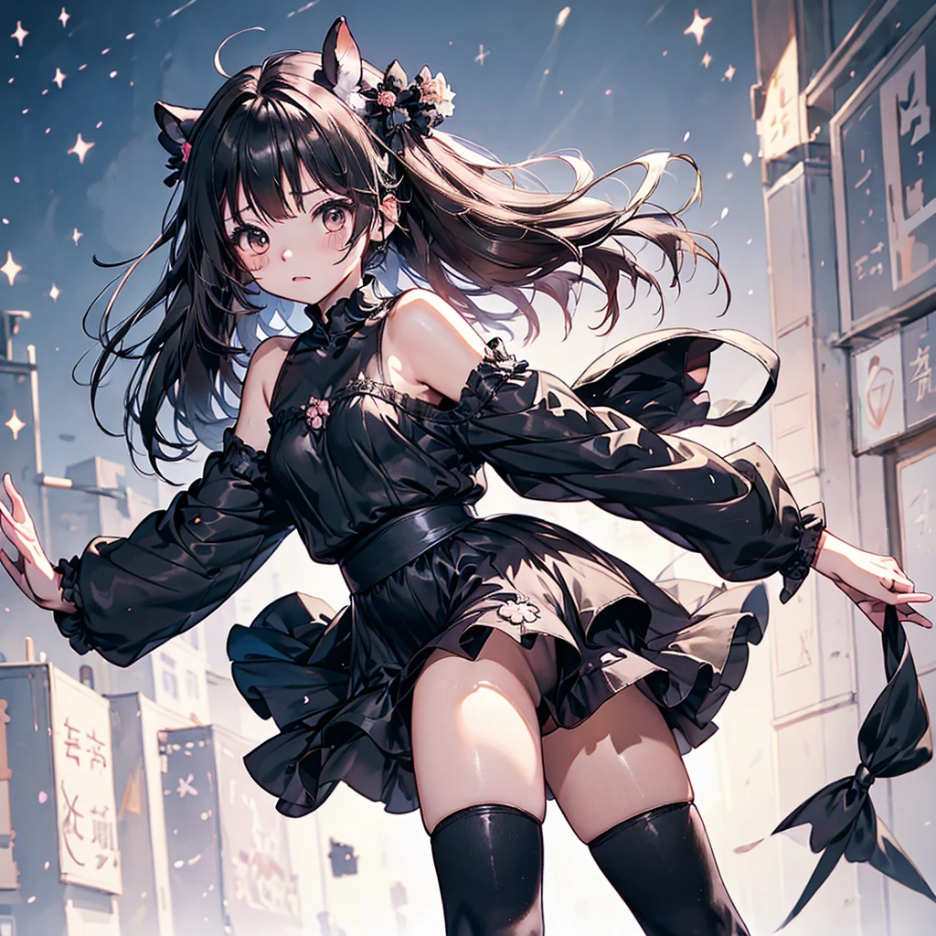 Chibi、紫background、Black clothes、Long sleeves with flared cuffs、Shoulders are exposed、One-piece flared skirt、Holding a stuffed rabbit in one hand、black and white socks、Gothic Shoes、background:Black Rose,